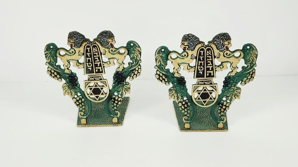 Vintage Made In Israel Bookends Brass Enamel Lion of Judah Ten Commandments Set